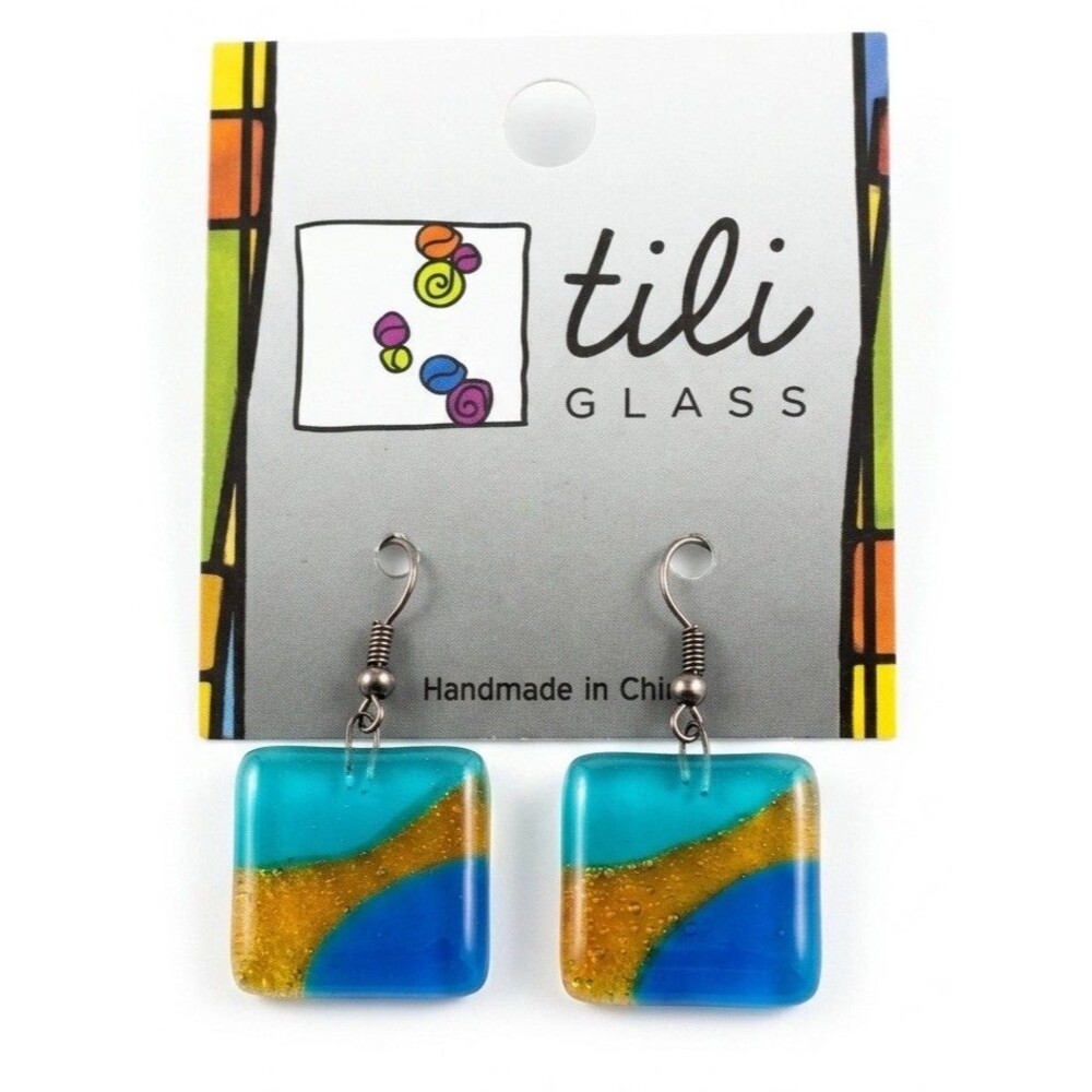 Tili Glass Handmade Earrings Chile Square Fused Art Glass Blue Gold Dangle Drop - Picture 3 of 4